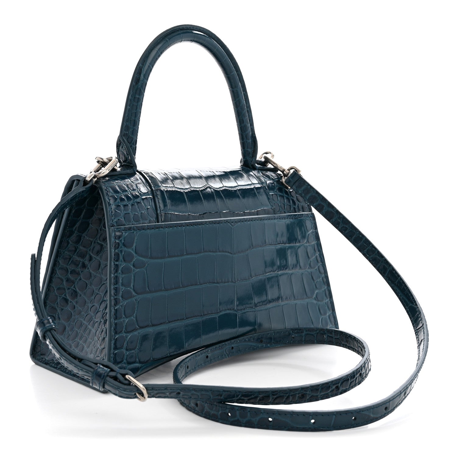 Balenciaga Shiny Calfskin Crocodile Embossed Small Hourglass Top Handle Bag Dark Petrol Blue 2 of 10