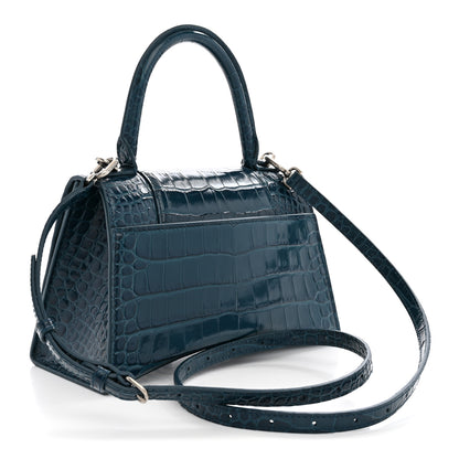 Balenciaga Shiny Calfskin Crocodile Embossed Small Hourglass Top Handle Bag Dark Petrol Blue 2 of 10