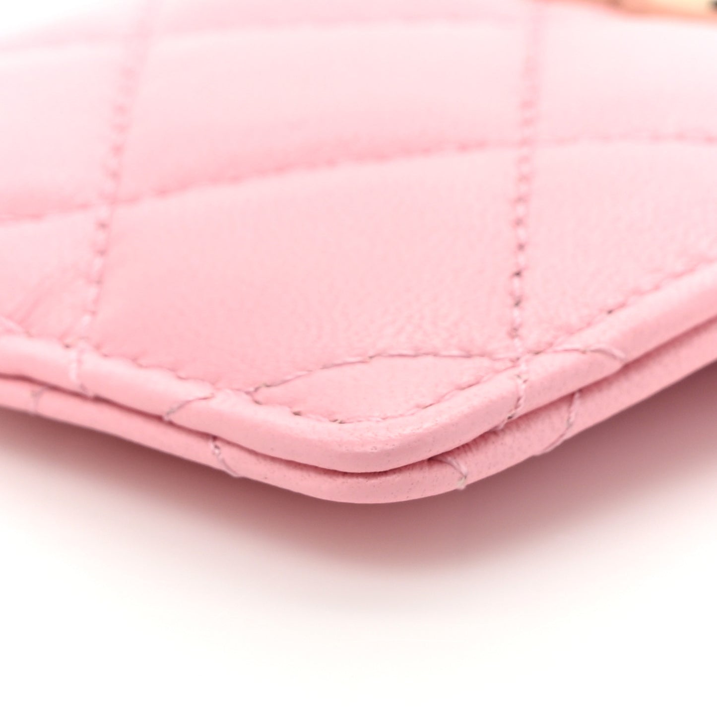 Lambskin Quilted Chanel Card Holder On Chain Pink