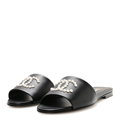 Chanel Lambskin Pearl CC Sandals 36.5 Black 4 of 9