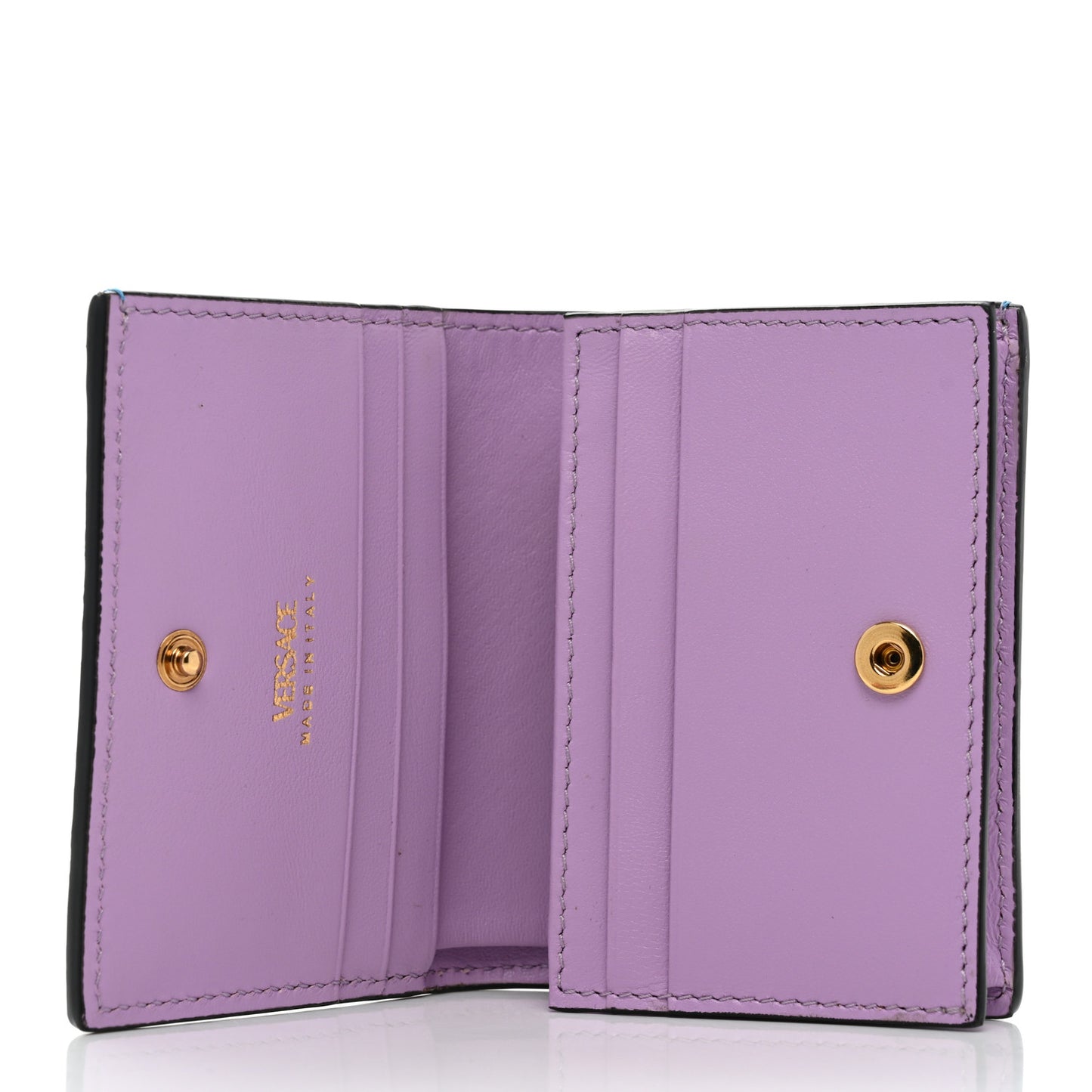 Grained Calfskin Medusa Card Holder Wallet Light Blue Purple