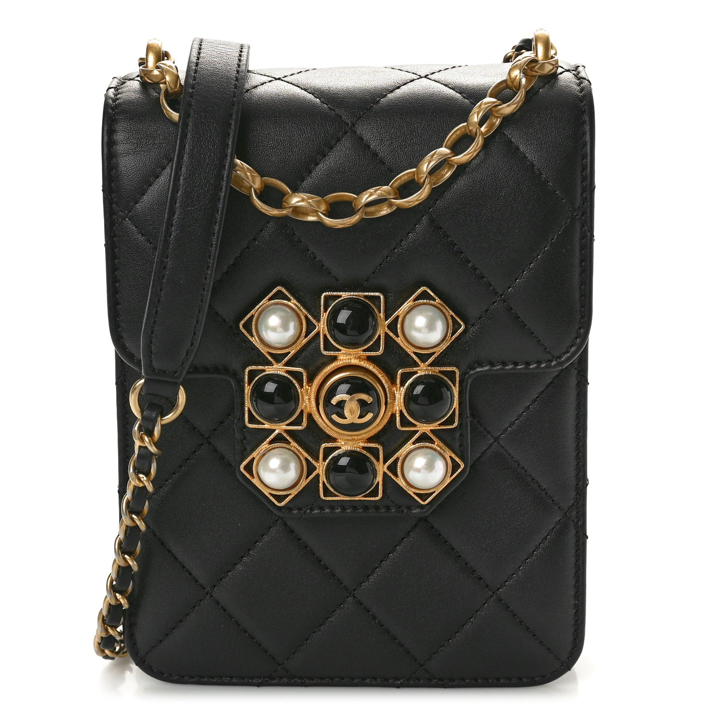 Calfskin Quilted Resin Pearl North South Flap Bag Black