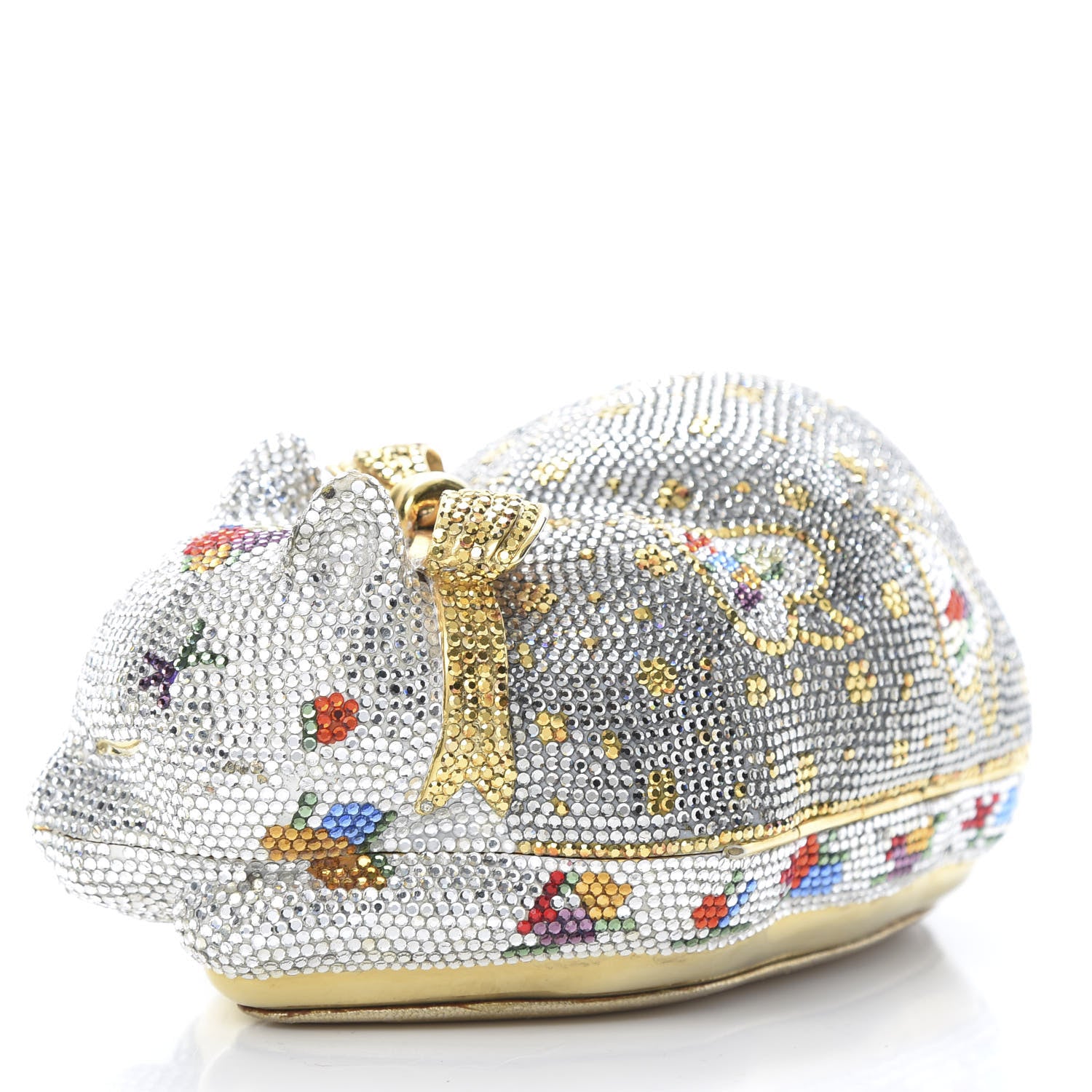 Judith Leiber Swarovski Crystal Sleeping Cat Minaudiere Clutch Silver Gold Multicolor 3 of 10