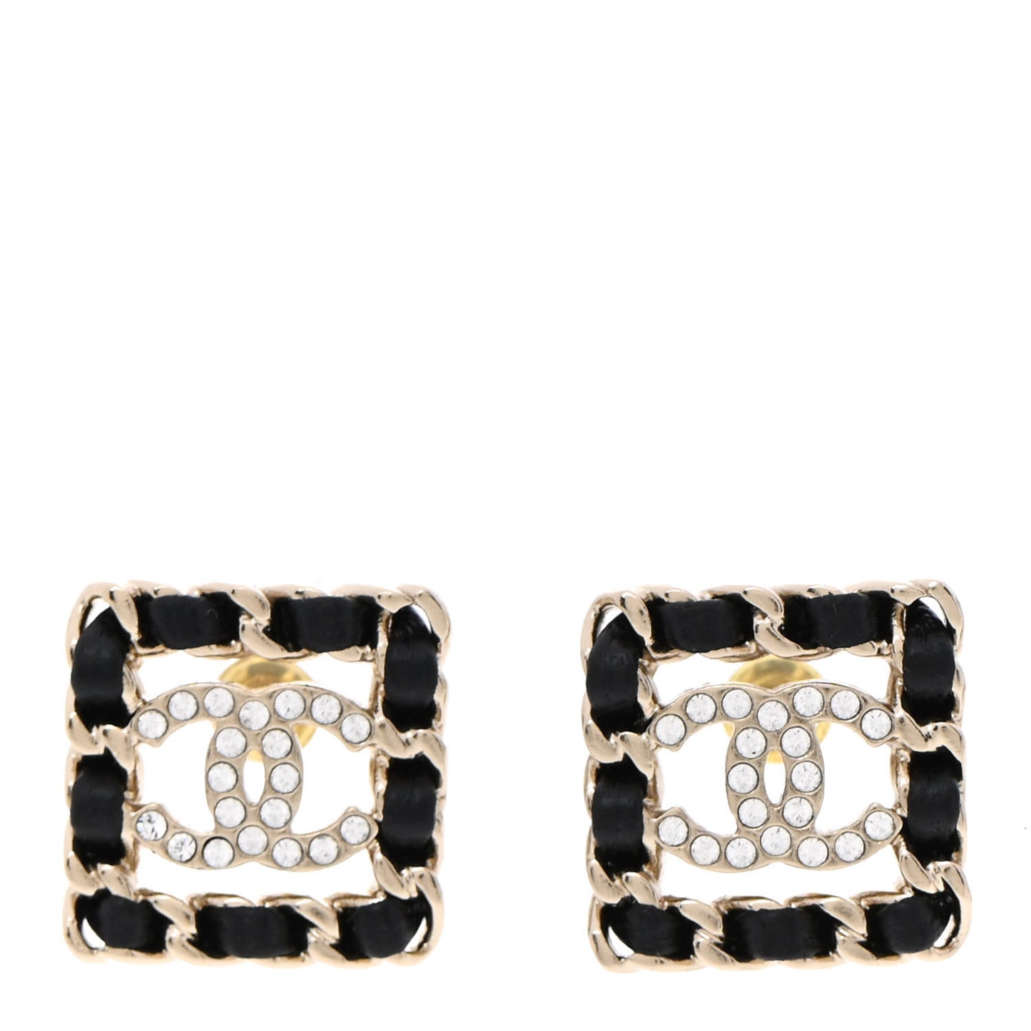 Crystal Lambskin Chain Sergeant Chanel Stud Earrings Black Gold