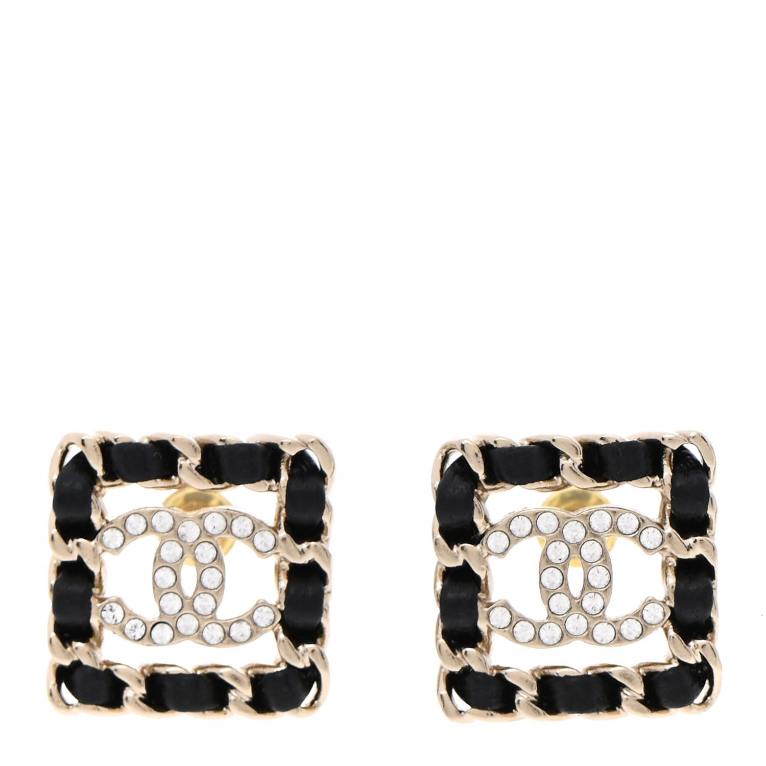 Chanel Crystal Lambskin Chain Sergeant Chanel Stud Earrings Black Gold 1 of 5