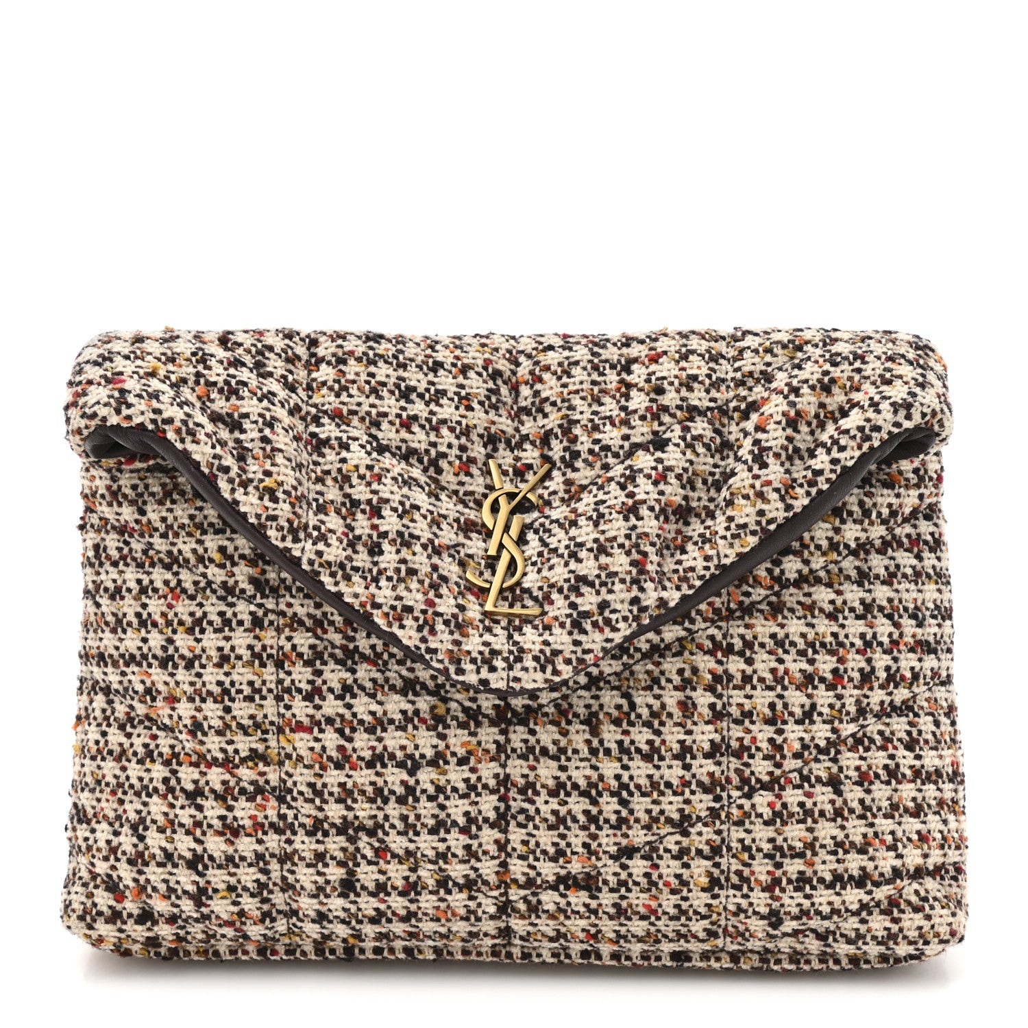 Saint Laurent Tweed Quilted Loulou Puffer Monogram Pouch Clutch Beige Umber Multicolor 1 of 10
