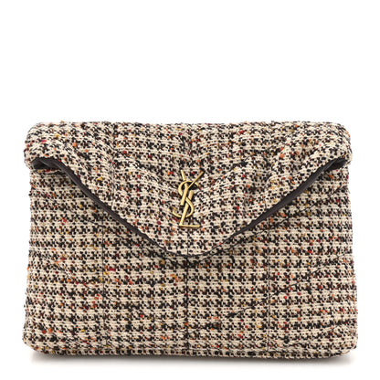 Saint Laurent Tweed Quilted Loulou Puffer Monogram Pouch Clutch Beige Umber Multicolor 1 of 10