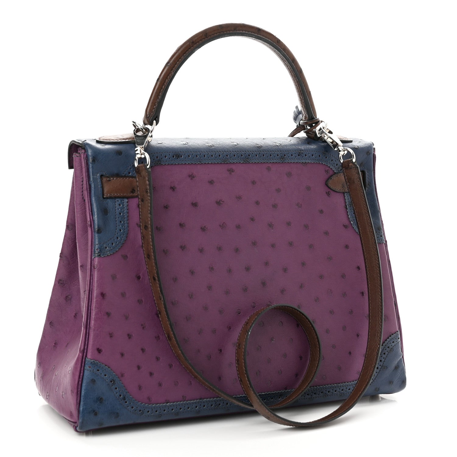 Hermes Ostrich Ghillies Kelly Retourne 32 Violine Bleu De Malte Marron 3 of 12