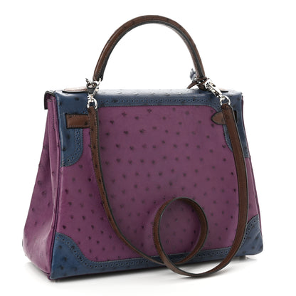 Hermes Ostrich Ghillies Kelly Retourne 32 Violine Bleu De Malte Marron 3 of 12