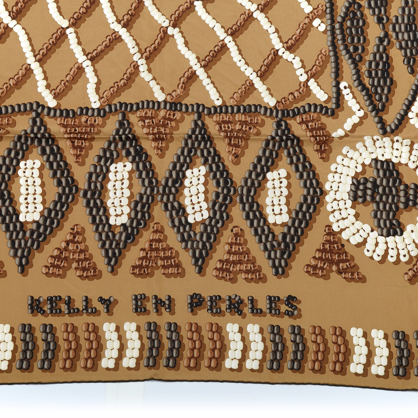 Silk Twill Kelly En Perles Giant Scarf 140 Camel Taupe Nacre