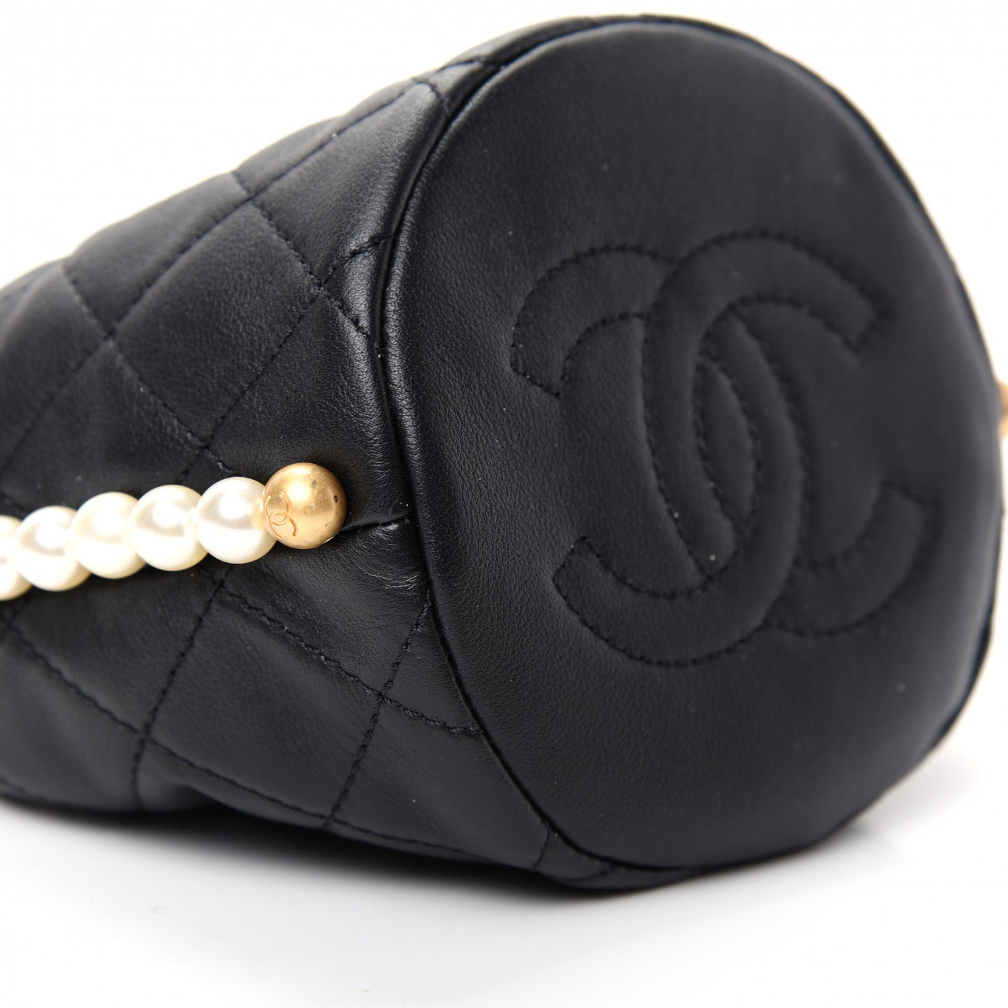 Calfskin Quilted Pearl Mini About Pearls Drawstring Bucket Bag Black