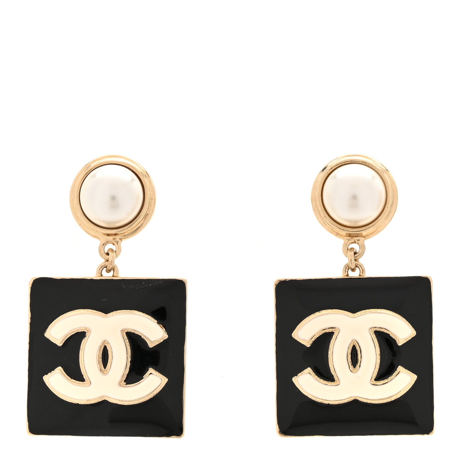 Chanel Metal Resin Pearl CC Drop Earrings Gold Black White 1 of 6