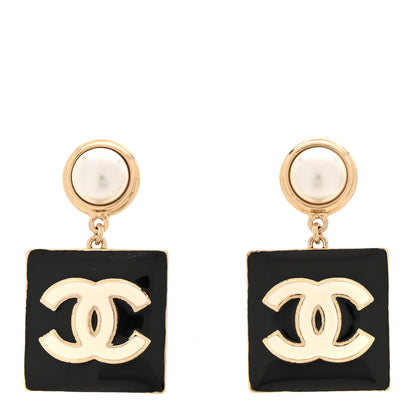 Chanel Metal Resin Pearl CC Drop Earrings Gold Black White 1 of 6