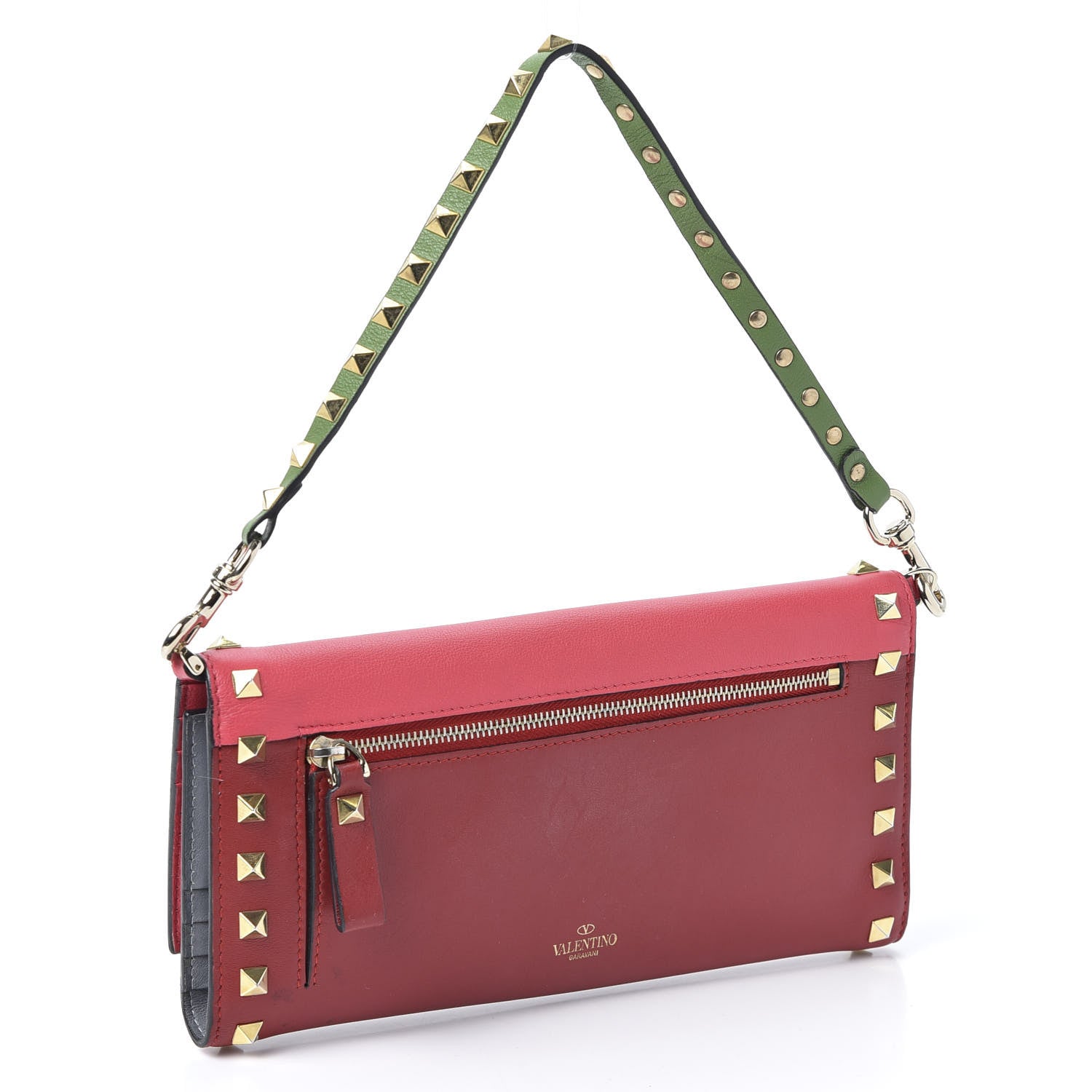 Valentino Garavani Vitello Colorblock Rockstud Wallet On Strap Deep Rose Green Grey Scarlet 2 of 11