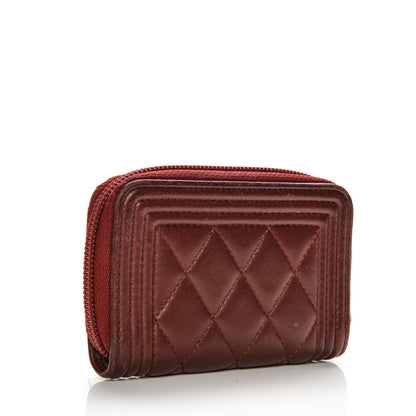 Chanel Lambskin Quilted Boy Zip Around Coin Purse Wallet Dark Red 3 of 9