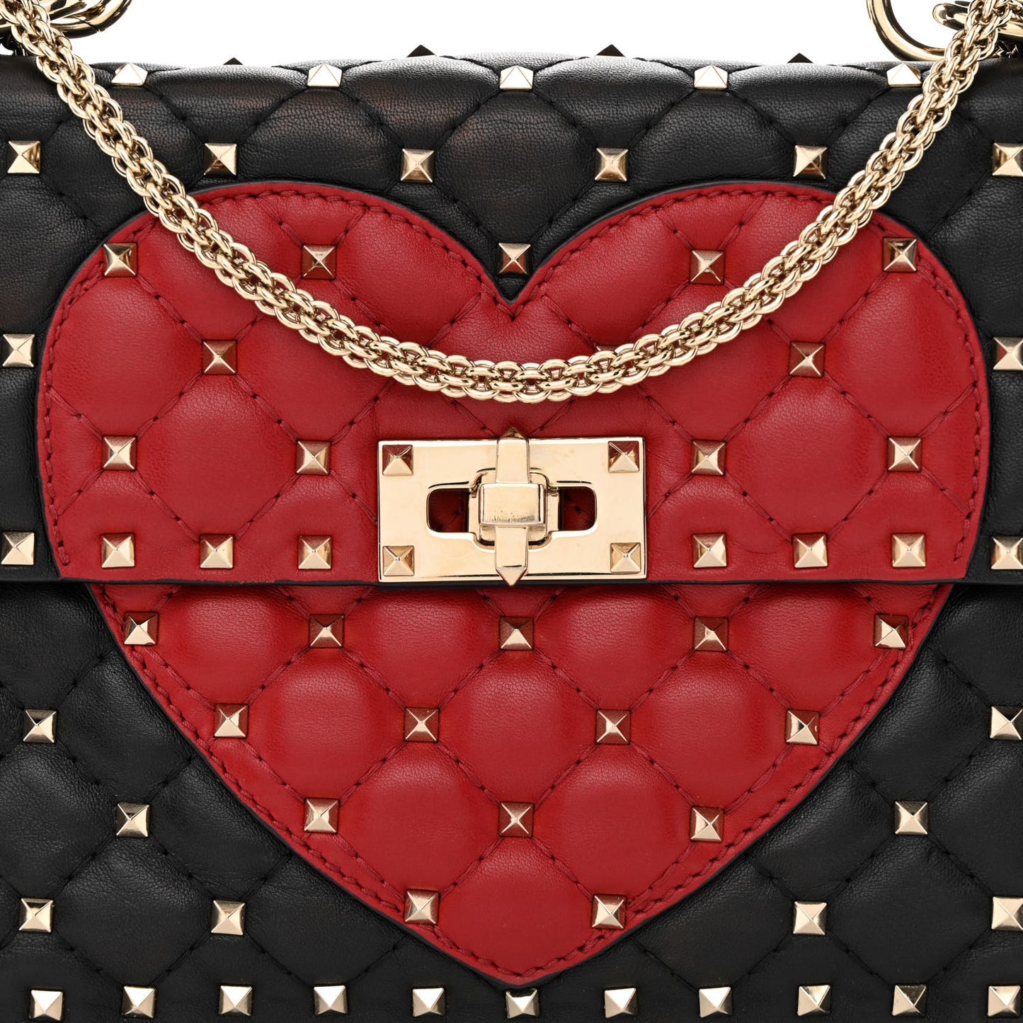 Nappa Quilted Medium Heart Rockstud Spike Shoulder Bag Black Red