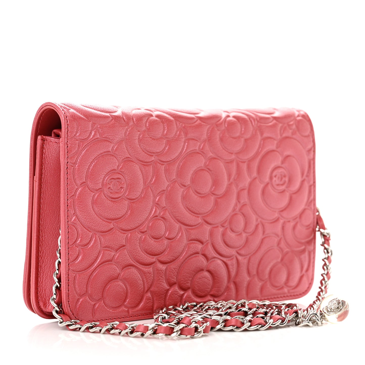 Goatskin Camellia Embossed Wallet On Chain WOC Pink