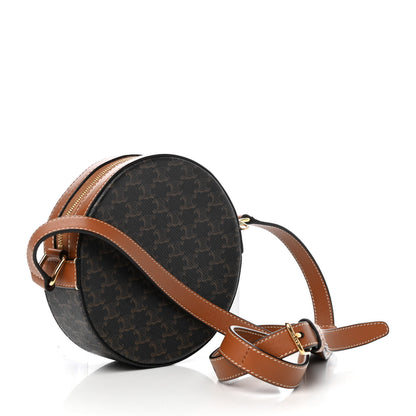 Celine Triomphe Canvas Embroidered Logo Round Purse On Strap Black Tan 3 of 9
