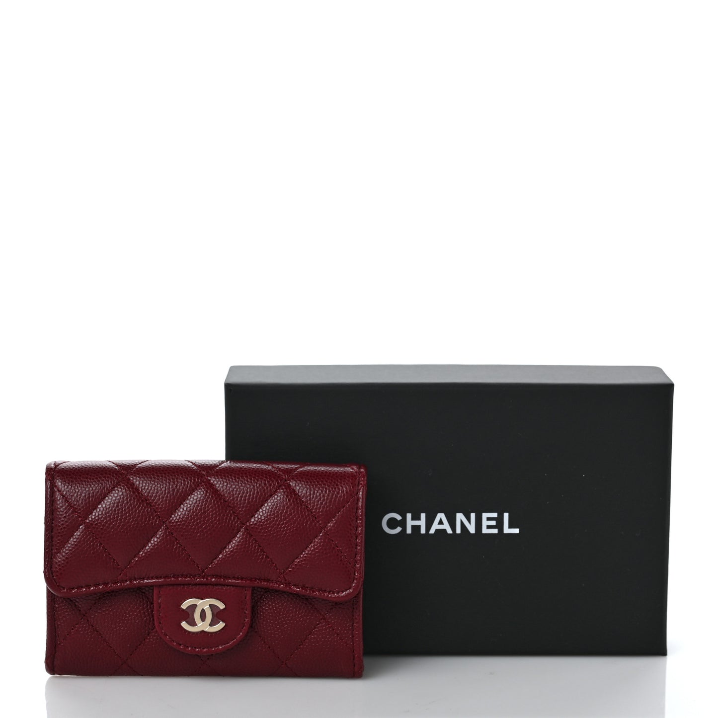 Caviar Quilted Flap Card Holder Wallet Burgundy