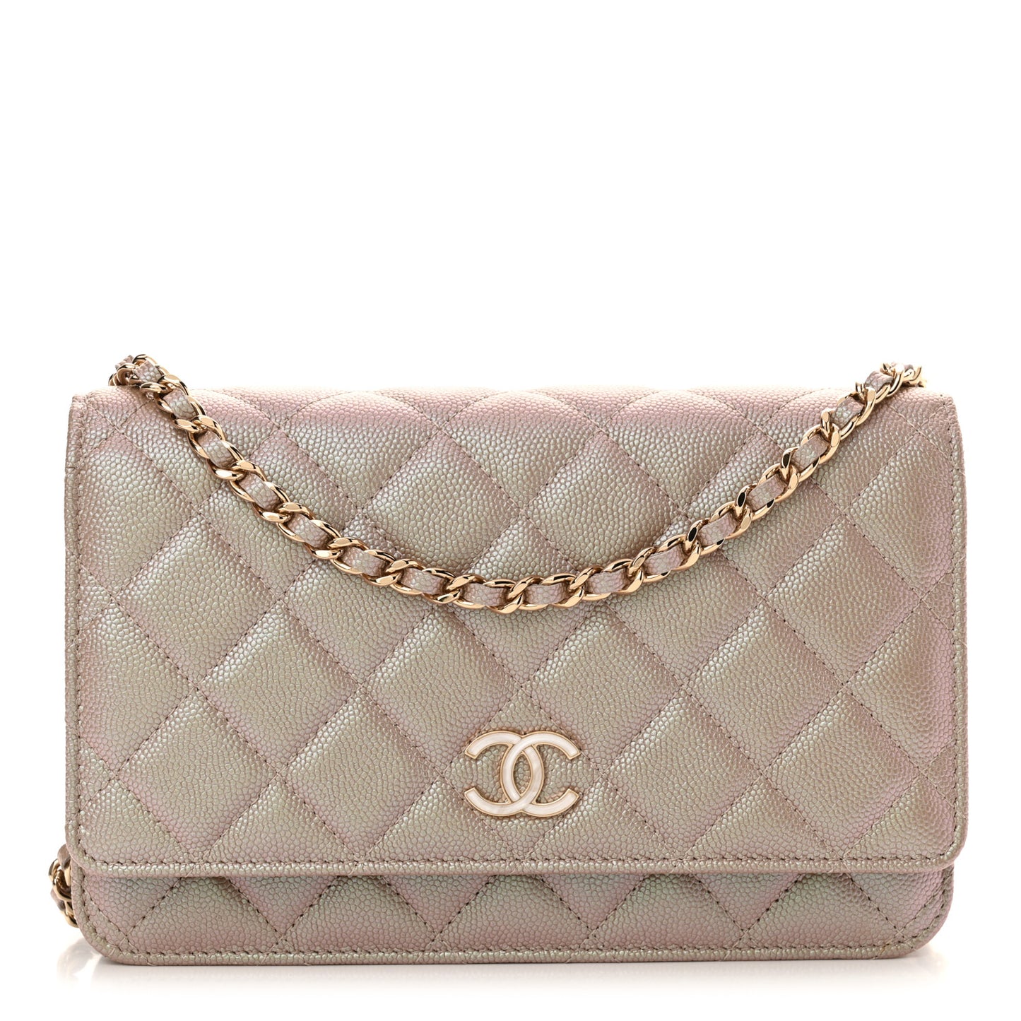Iridescent Caviar Quilted Wallet on Chain WOC Beige