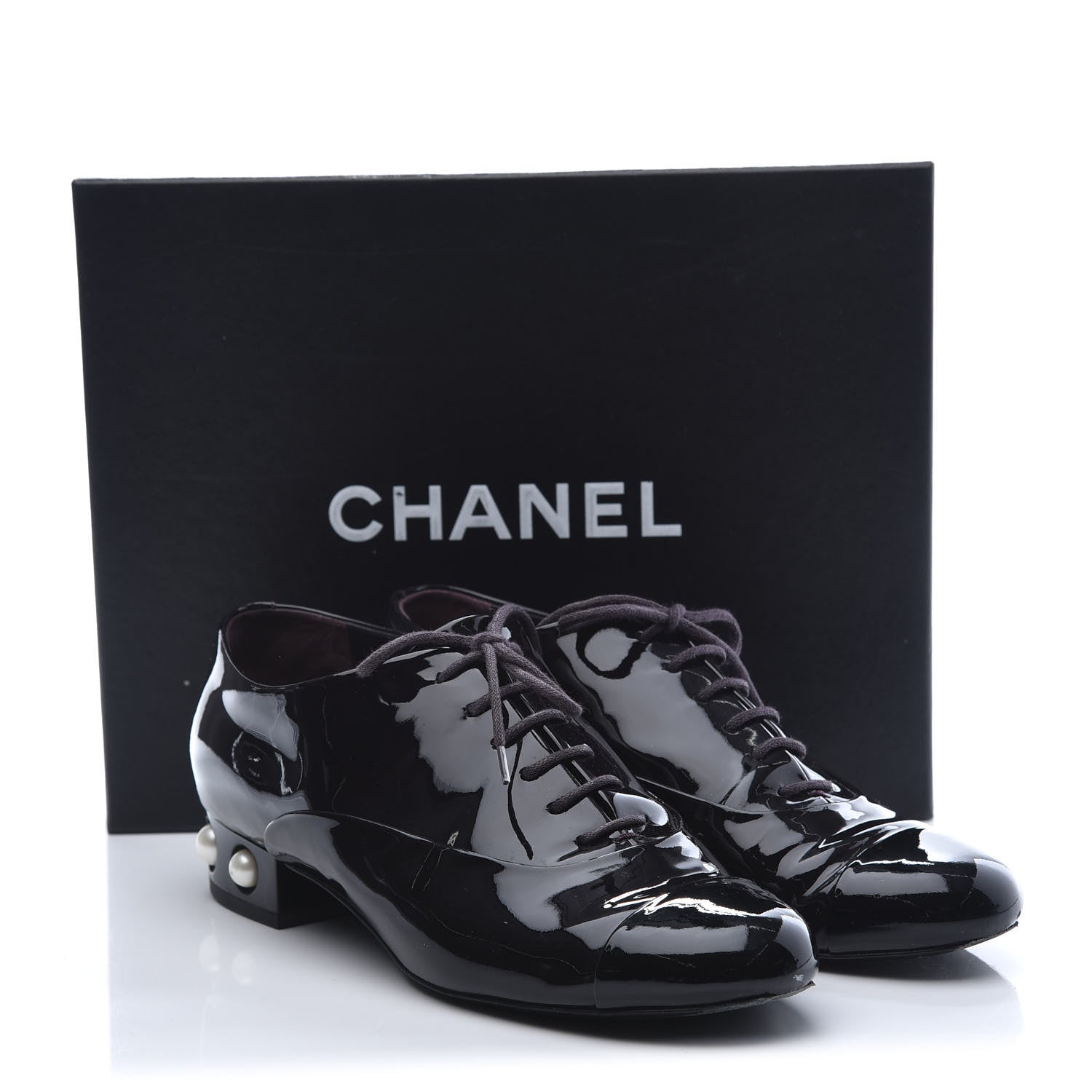 Chanel Patent Calfskin Pearl CC Lace Up Oxfords 38 Burgundy Black 10 of 10