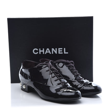 Chanel Patent Calfskin Pearl CC Lace Up Oxfords 38 Burgundy Black 10 of 10