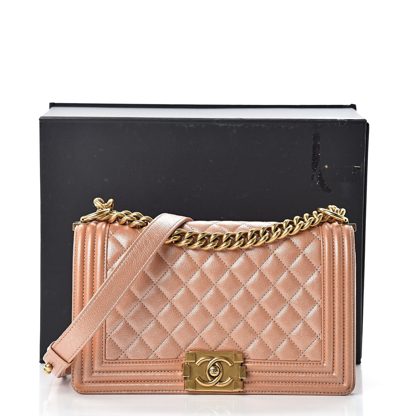 Metallic Calfskin Quilted Medium Boy Flap Dark Gold