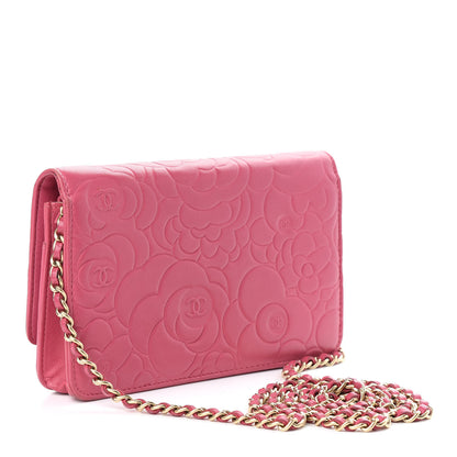 Chanel Lambskin Camellia Embossed Wallet On Chain WOC Pink 3 of 10