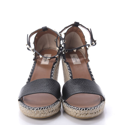 Valentino Garavani Grained Calfskin Rockstud Ankle Strap Espadrille 15/105mm Wedge Sandals 41 Black Light Cuir Natural 2 of 8