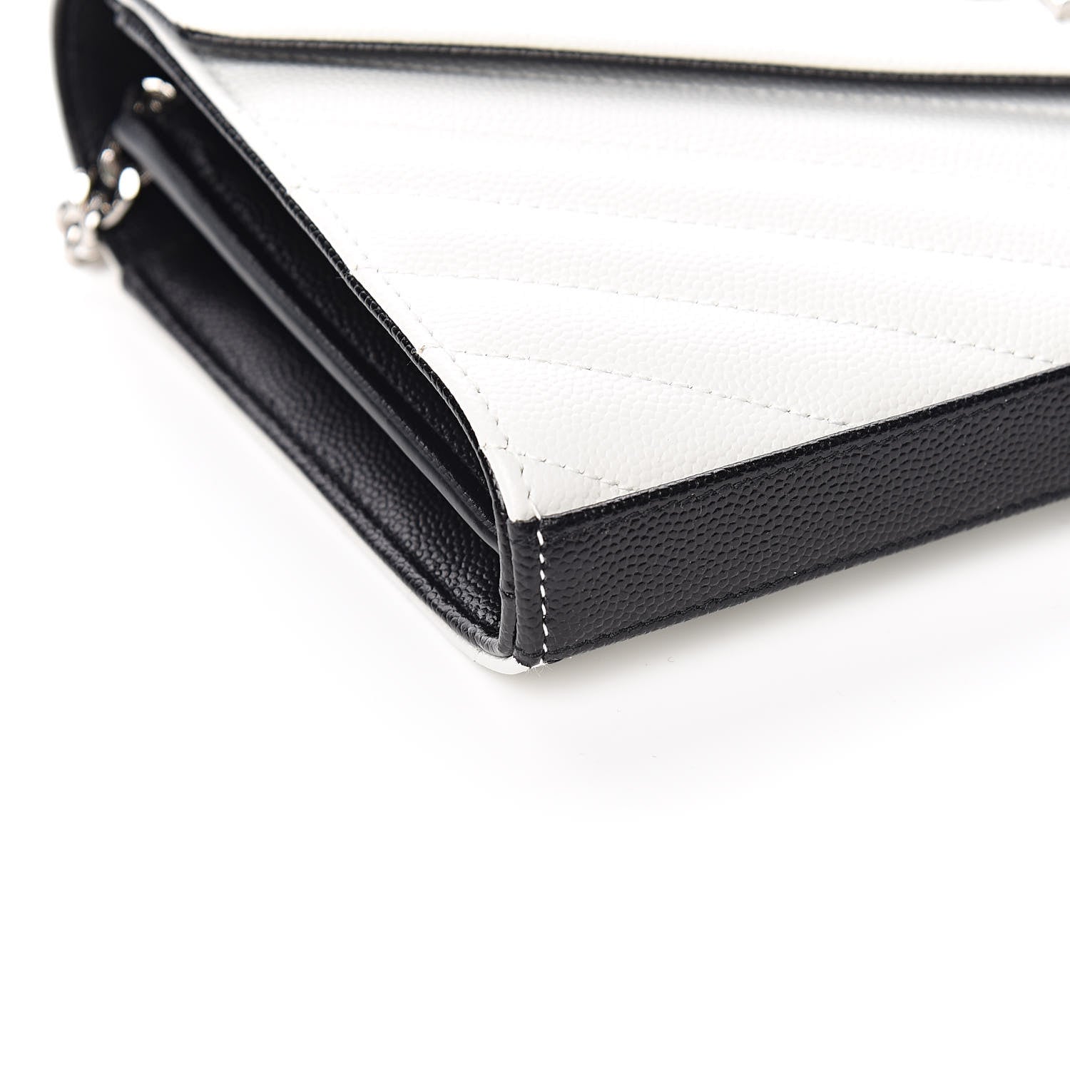 Saint Laurent Grain De Poudre Matelasse Bi-Color Chevron Monogram Chain Wallet White Black 7 of 10