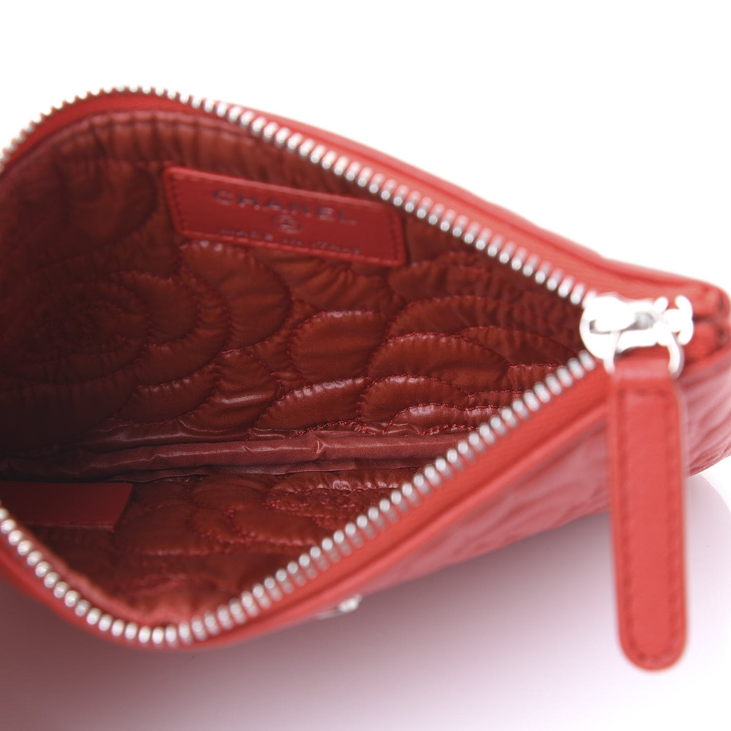 Goatskin Camellia Embossed Cosmetic Pouch Red