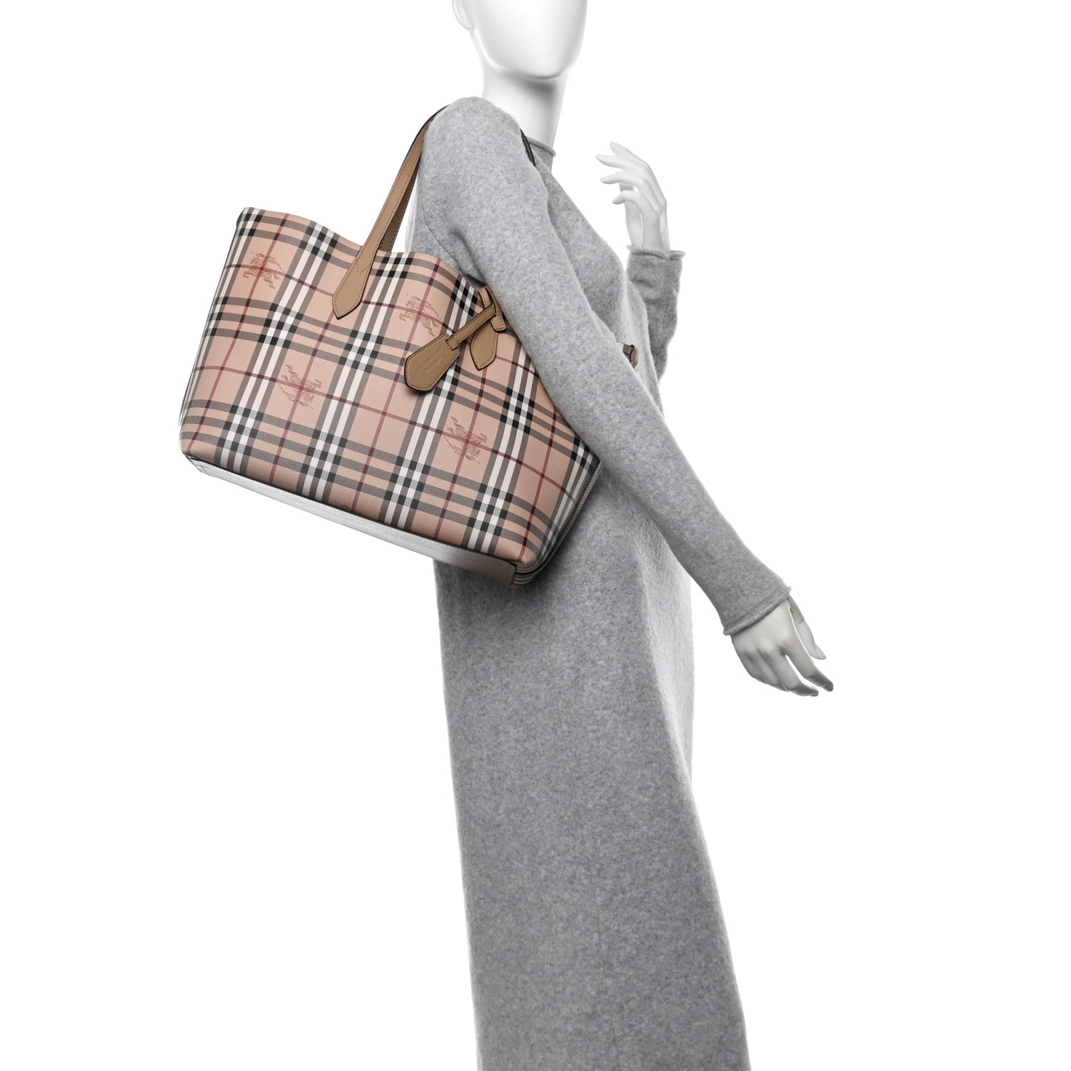 Burberry Grainy Calfskin Haymarket Check Medium Reversible Tote Camel 2 of 19