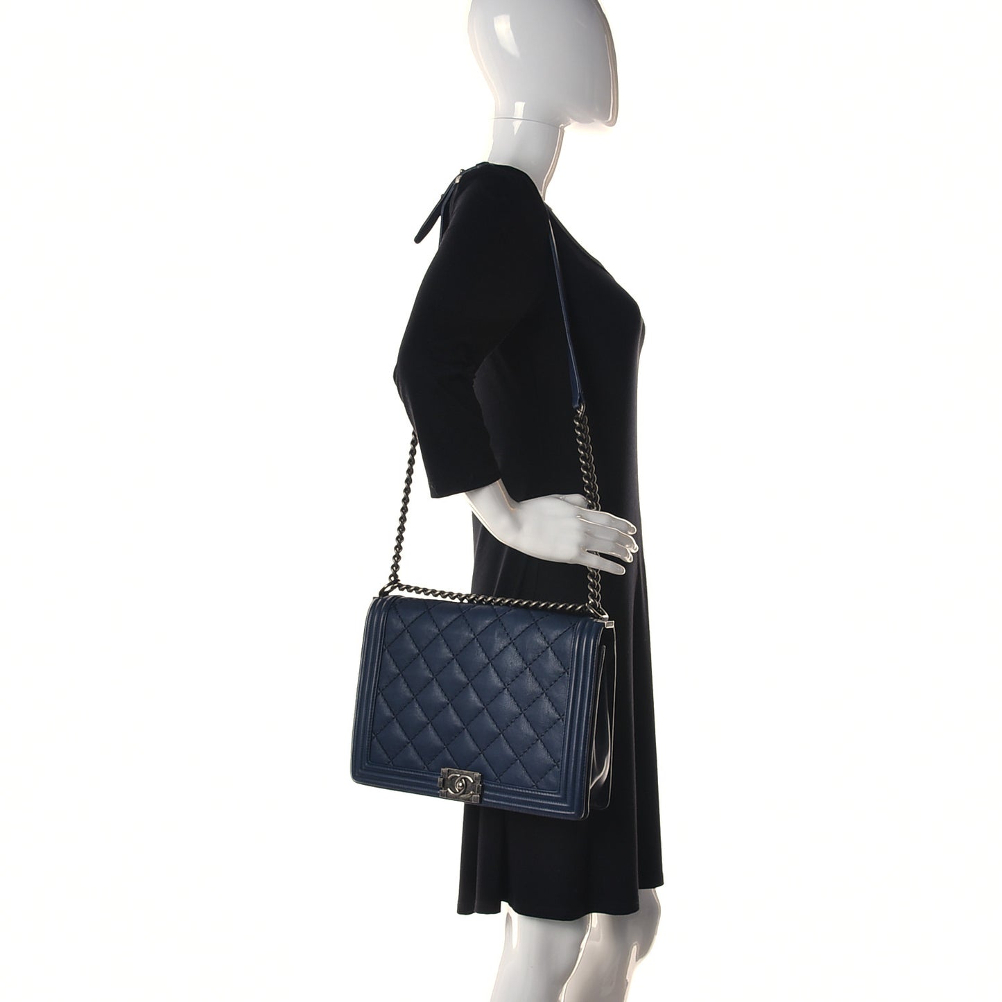 Calfskin Double Stitch Large Boy Flap Navy Blue