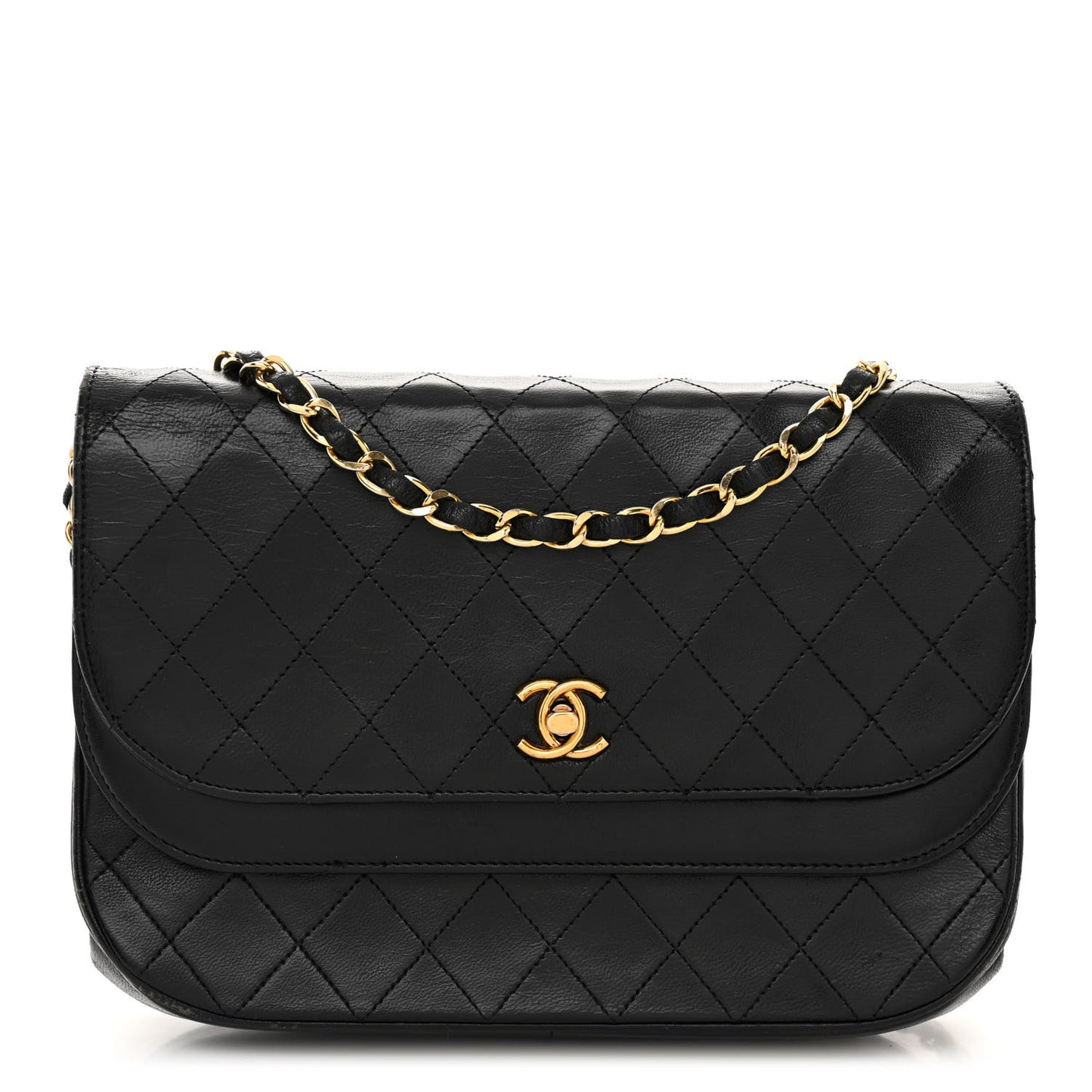Lambskin Quilted Medium Round Double Flap Black