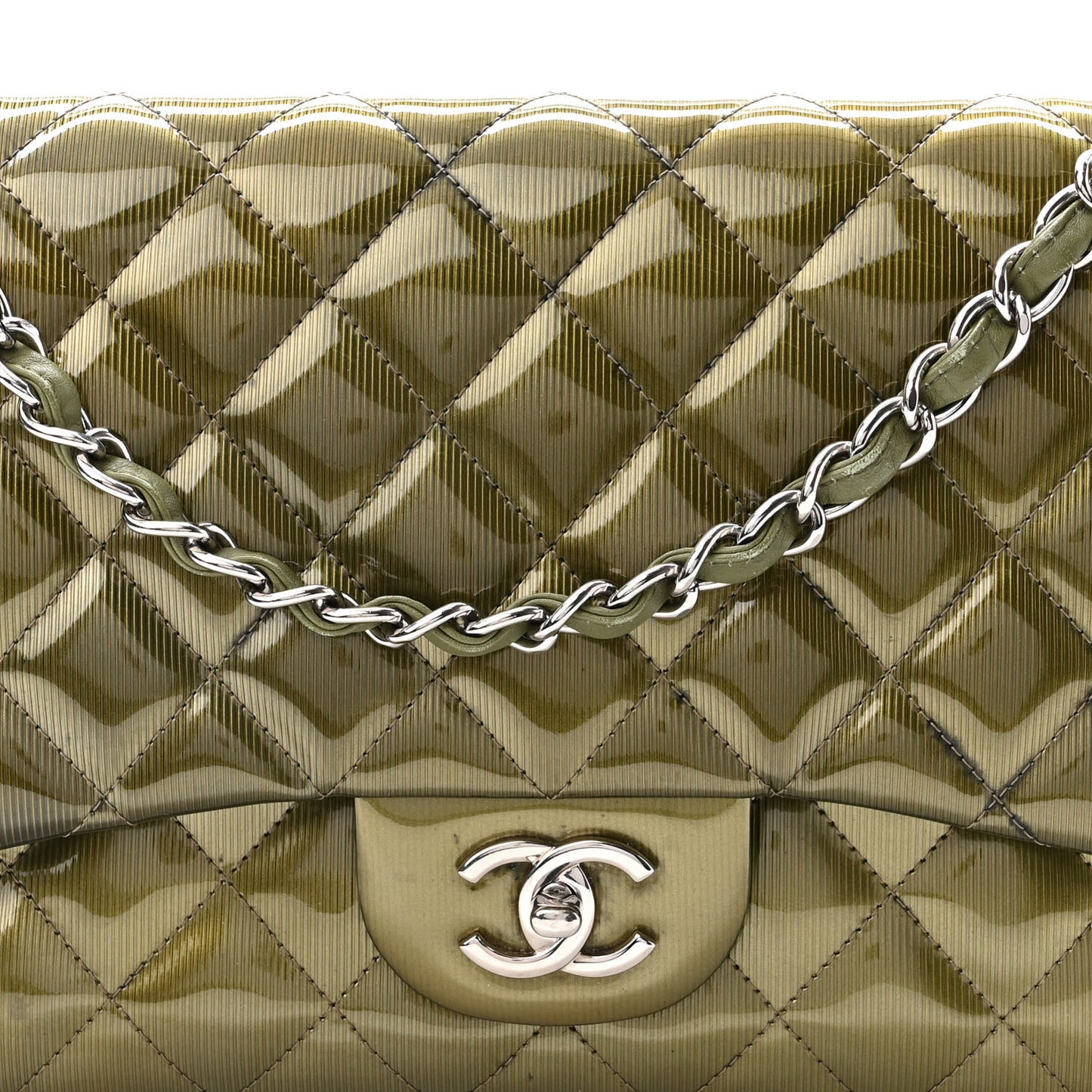 Striated Patent Quilted Jumbo Double Flap Green