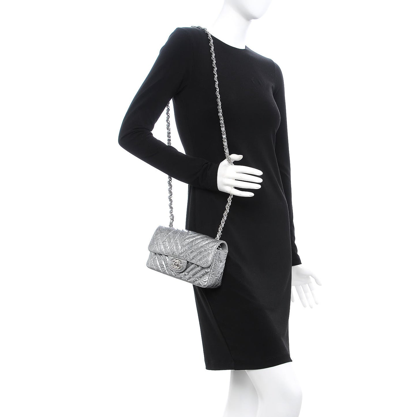 Patent Metallic Crumpled Calfskin Chevron Quilted Mini Rectangular Flap Silver