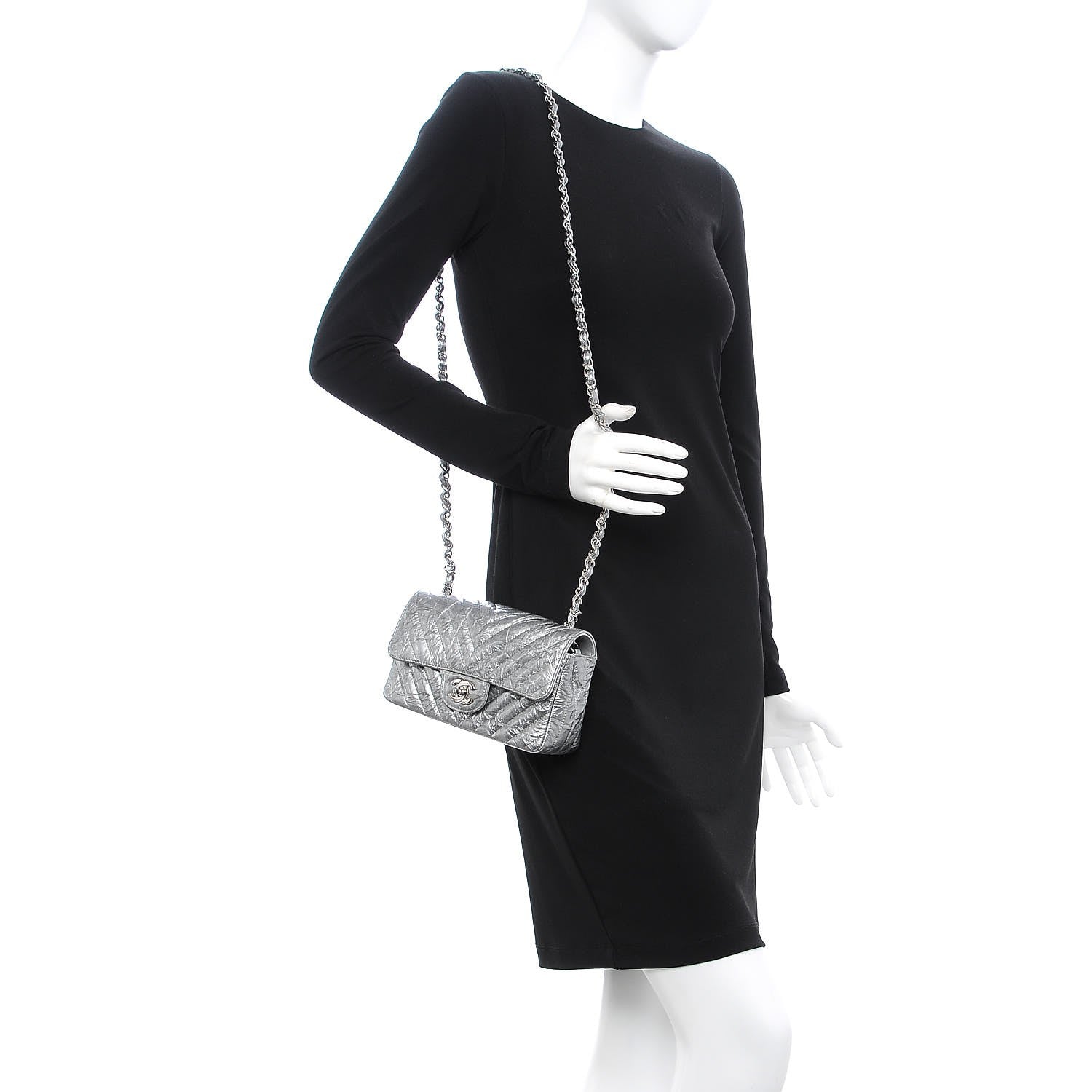Chanel Patent Metallic Crumpled Calfskin Chevron Quilted Mini Rectangular Flap Silver 2 of 11