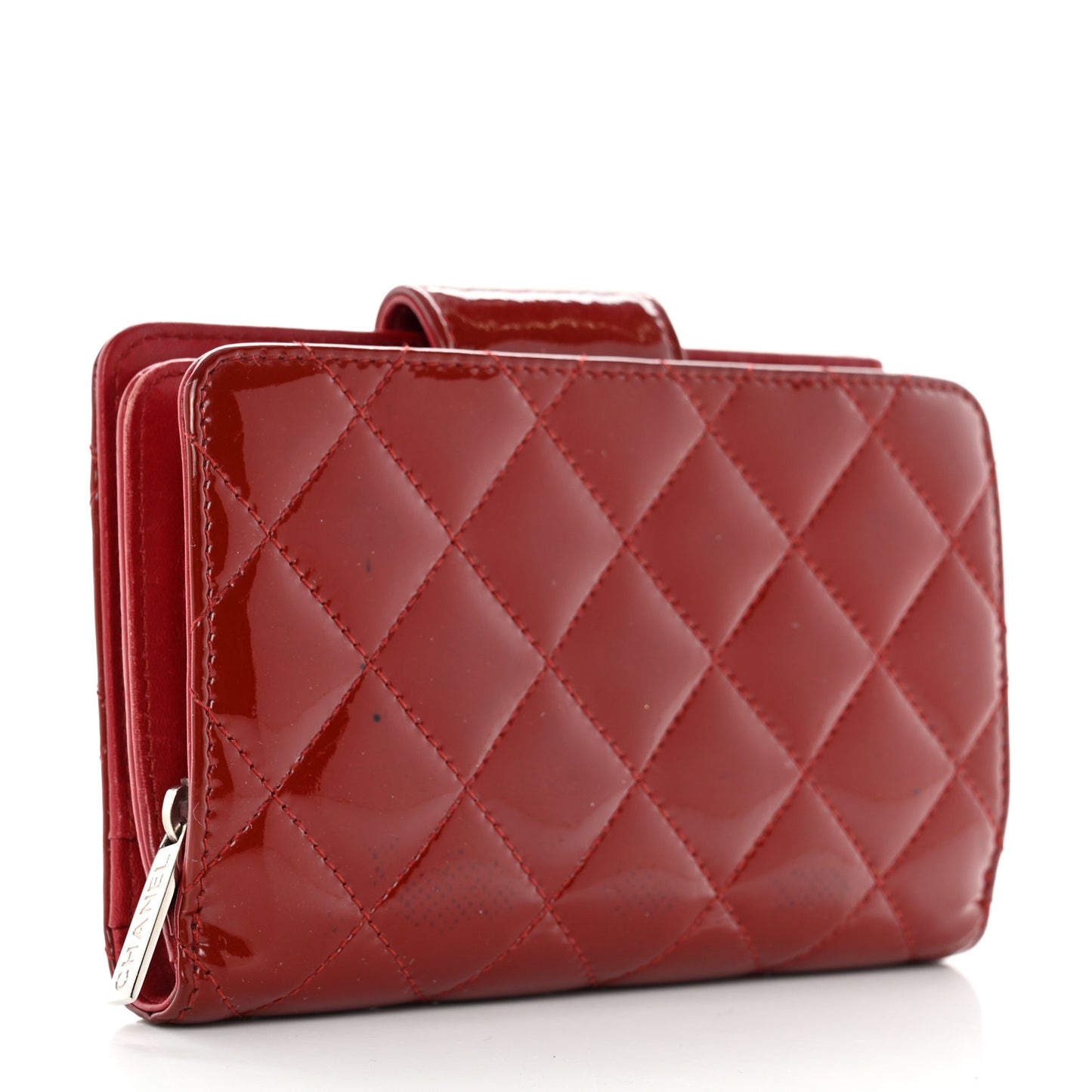 Patent Quilted Brilliant Zipped Pocket Wallet Dark Red