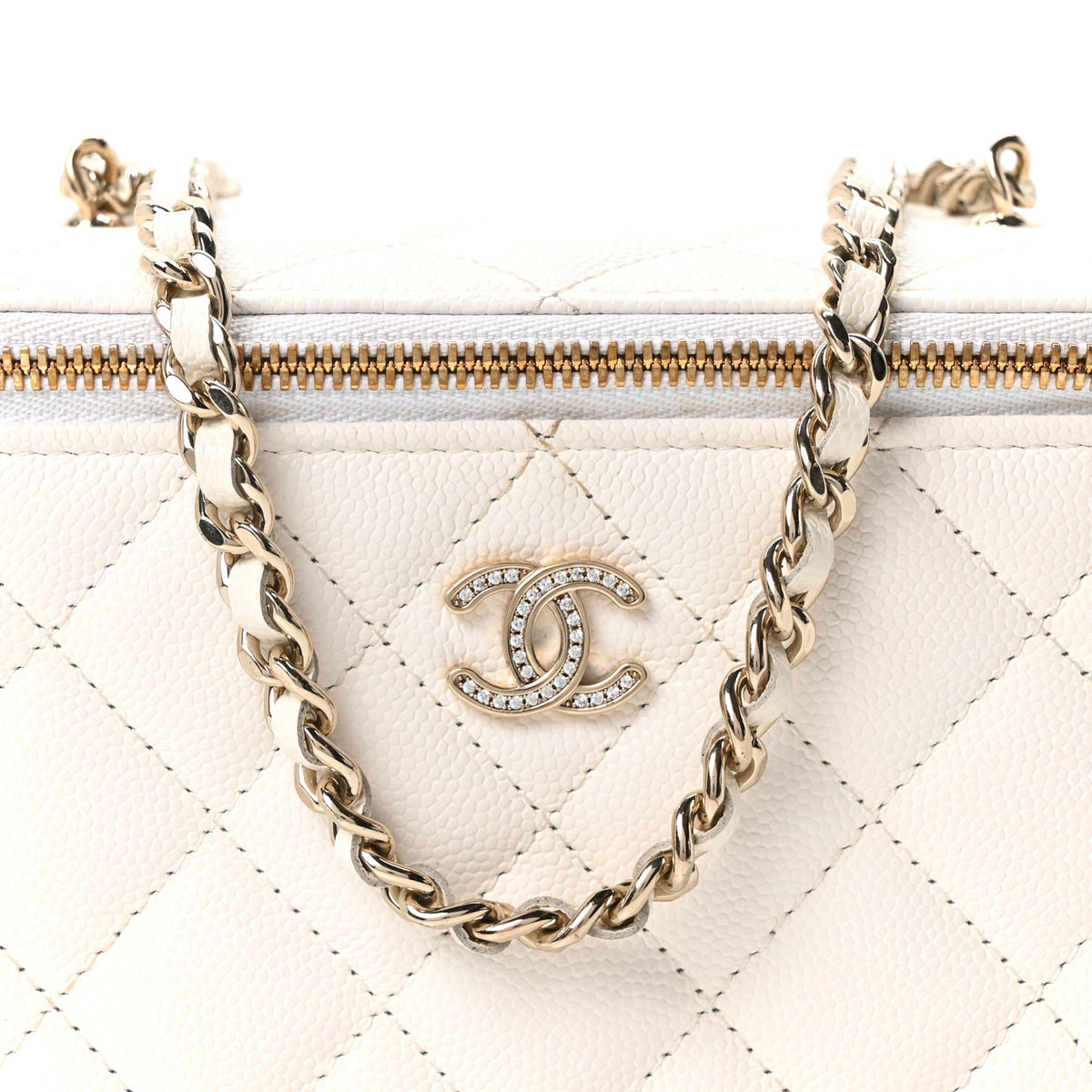 Chanel Caviar Quilted Crystal CC Logo Vanity Case With Chain White 8 of 11