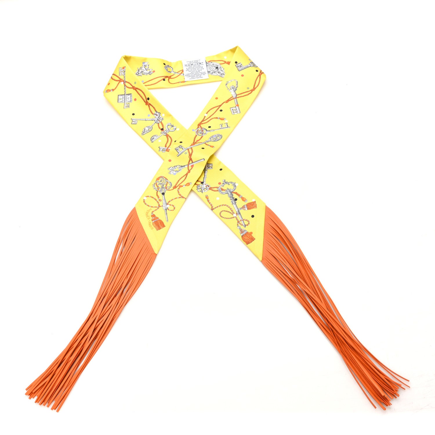 Hermes Silk Calfskin Les Cles A Pois Fringed Twilly Jaune Argent Orange Vif 1 of 3