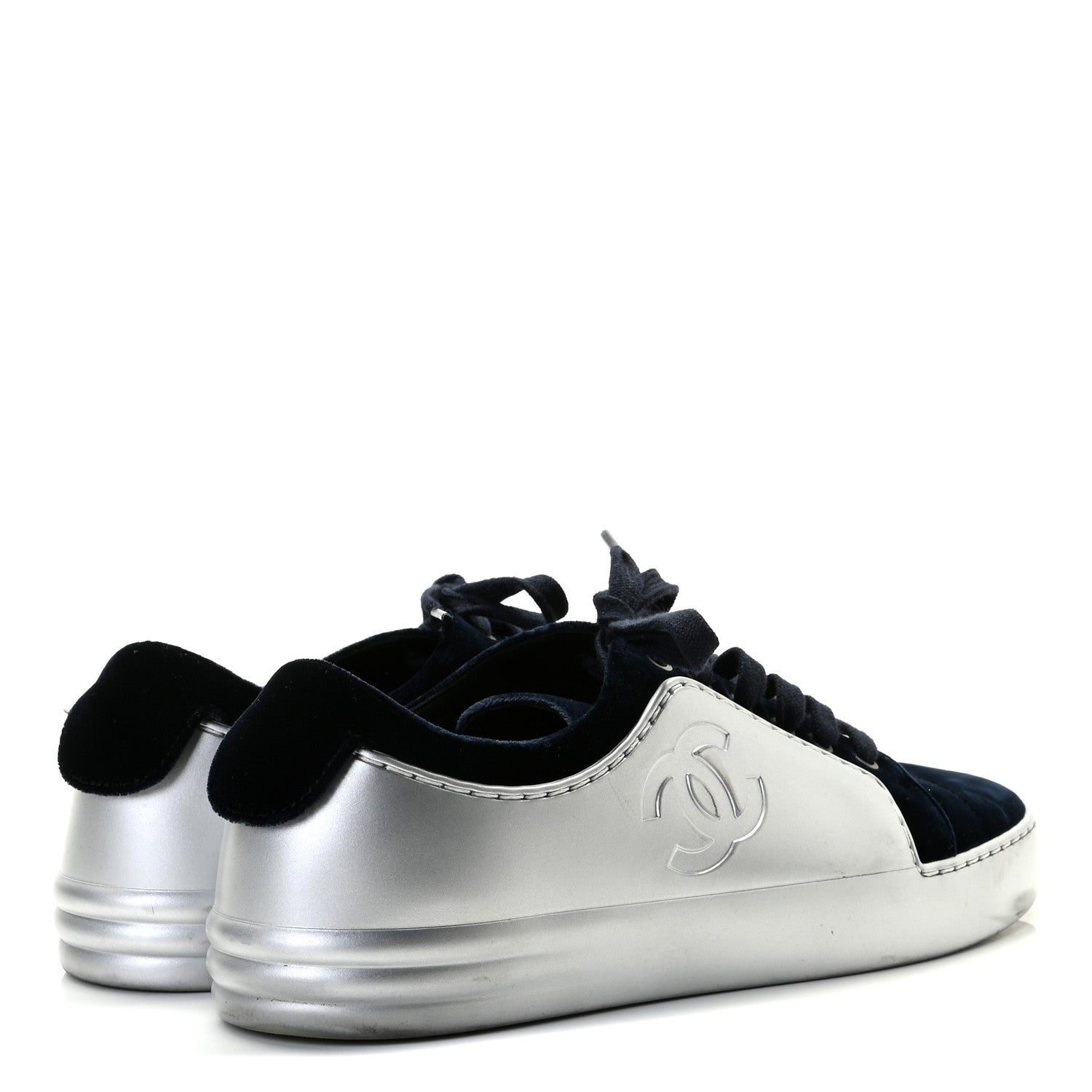 Chanel Calfskin Velvet Womens CC Sneakers 37.5 Navy 4 of 13