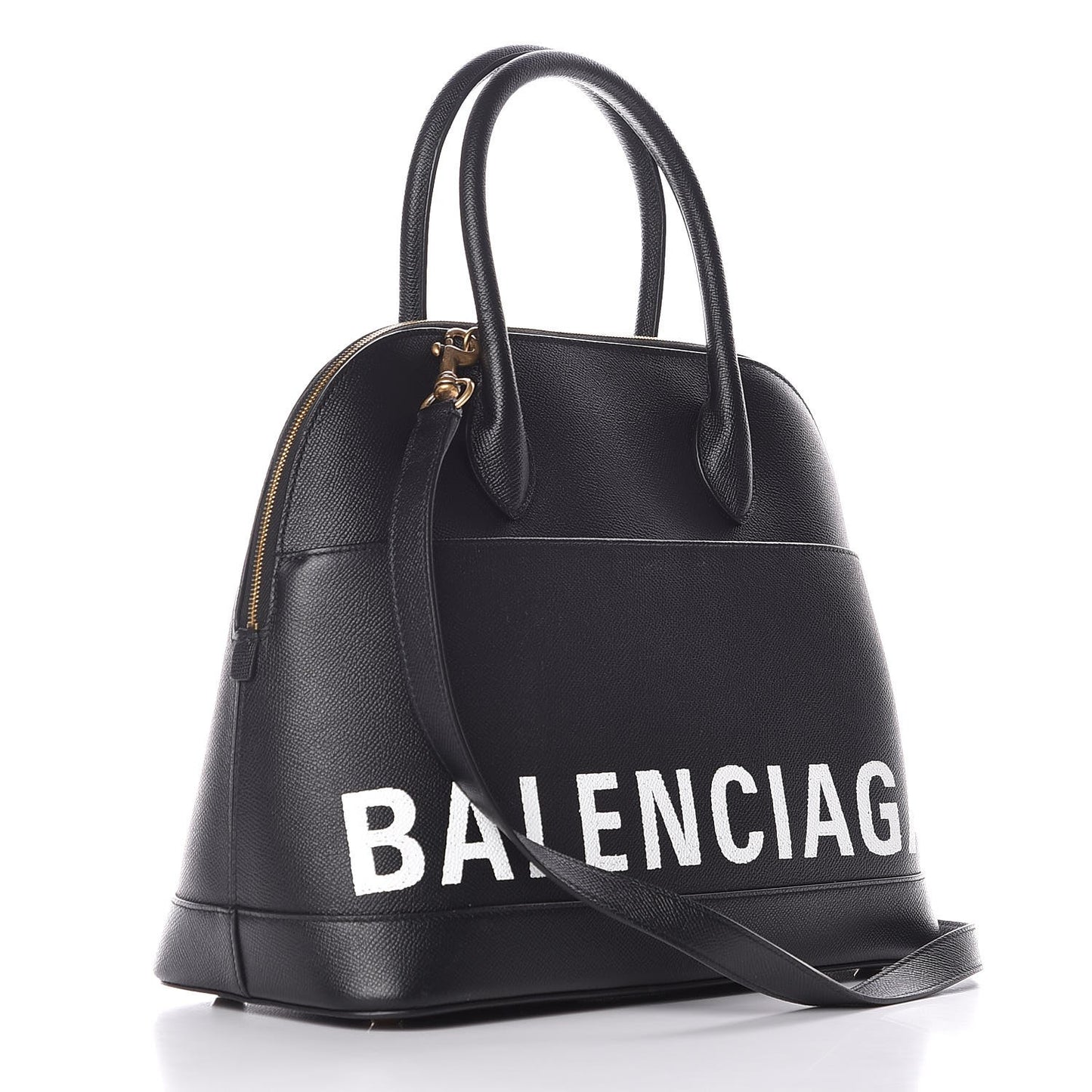 Signature Grained Calfskin Logo M Ville Top Handle Bag Black