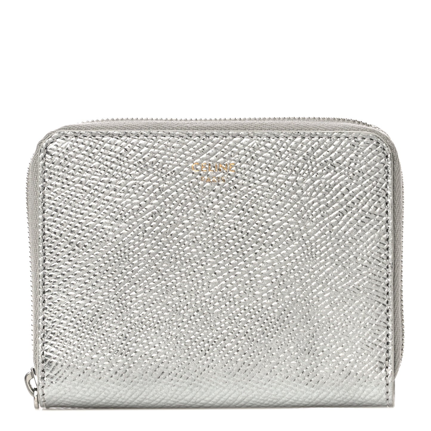 Laminated Grained Calfskin Zip Around Card Holder Wallet Silver