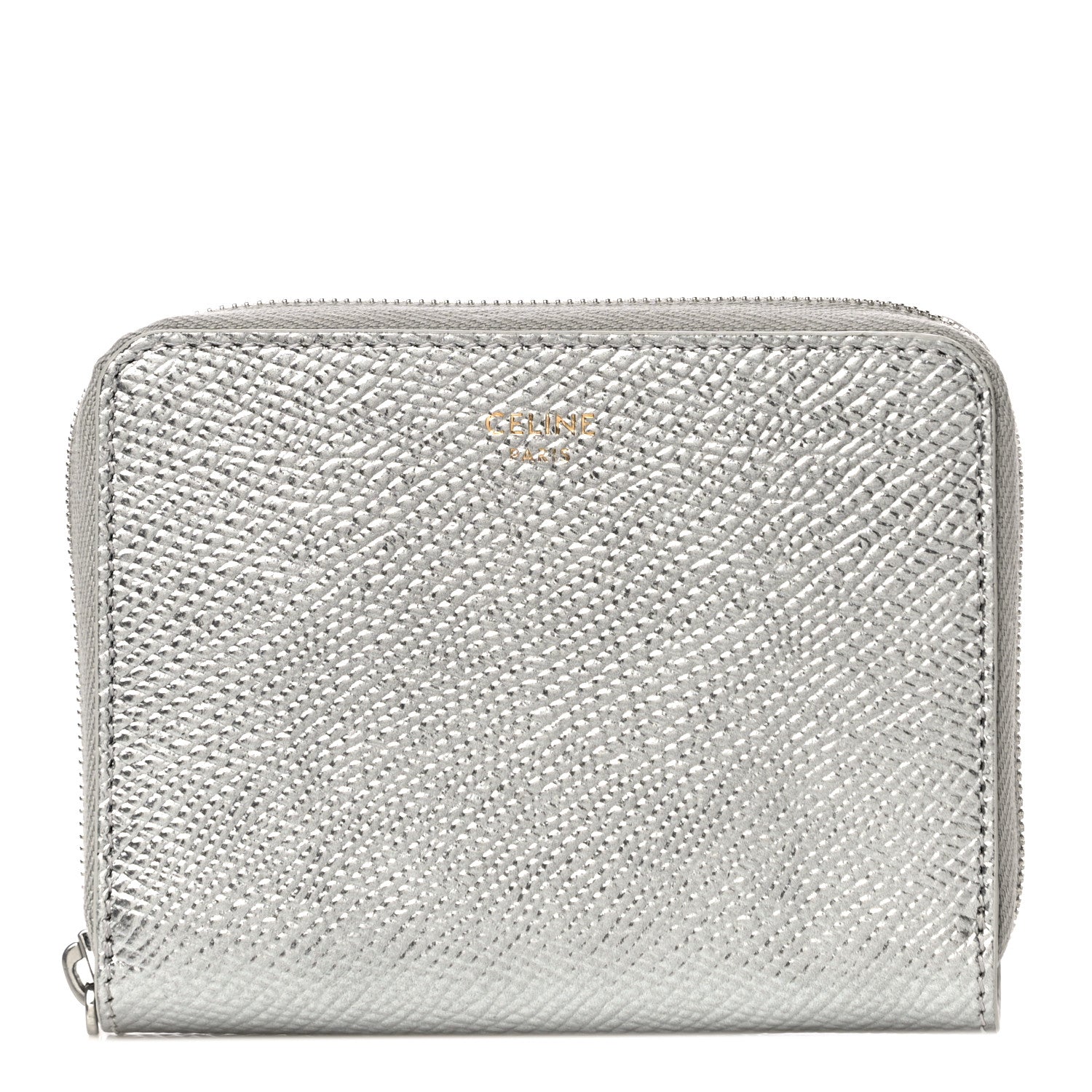 Celine Laminated Grained Calfskin Zip Around Card Holder Wallet Silver 1 of 10