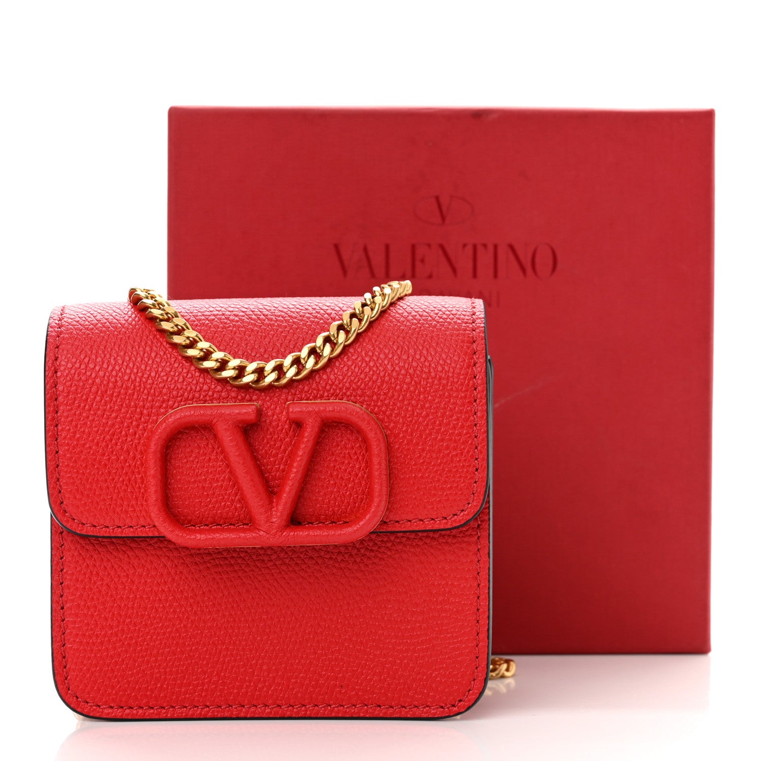Valentino Garavani Grainy Calfskin VLogo Compact Wallet with Chain Rouge Pur 9 of 9