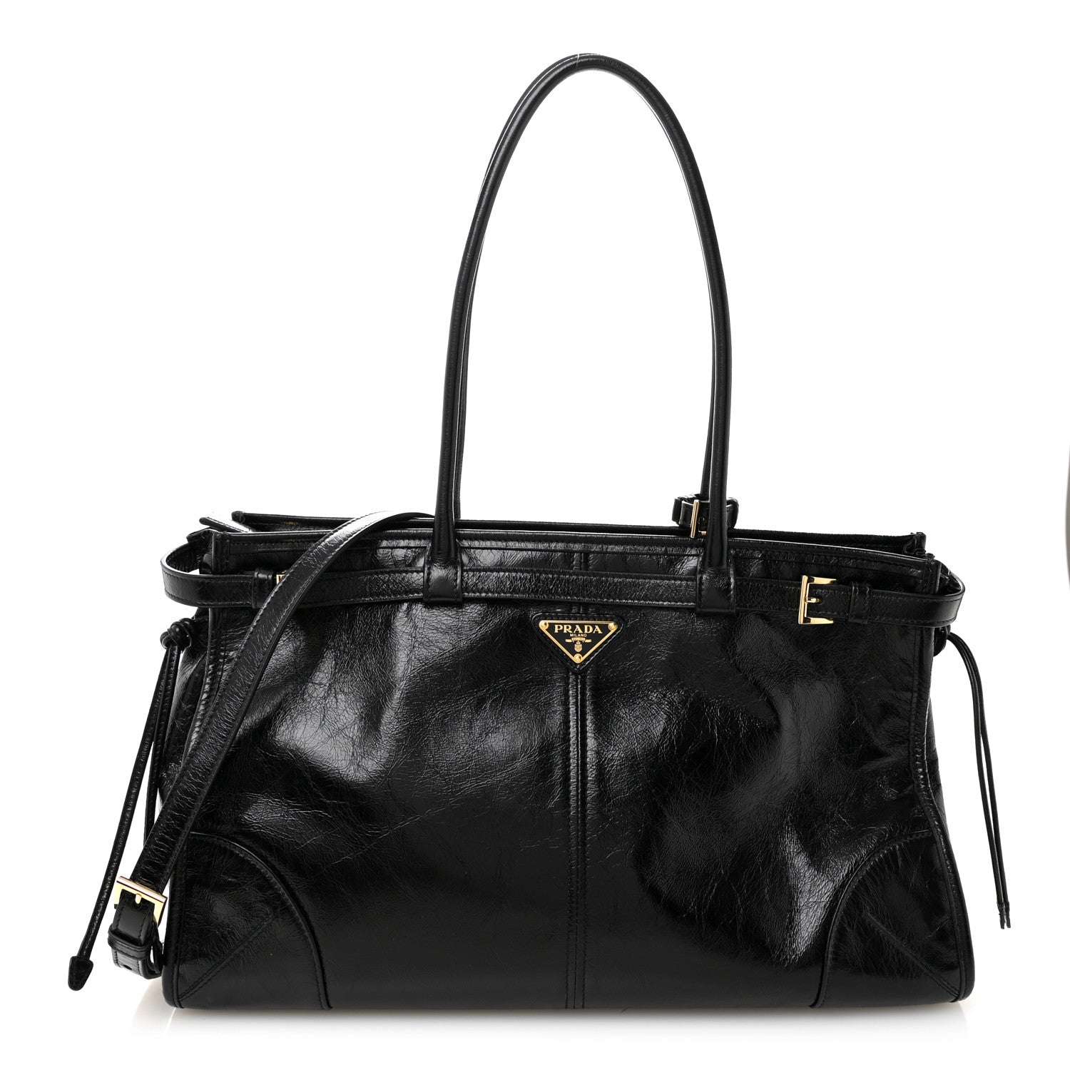 Prada Glossy Calfskin Triangle Large Bonnie Shoulder Bag Black 1 of 19