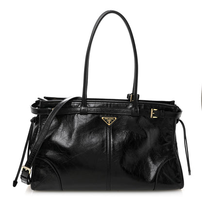 Prada Glossy Calfskin Triangle Large Bonnie Shoulder Bag Black 1 of 19