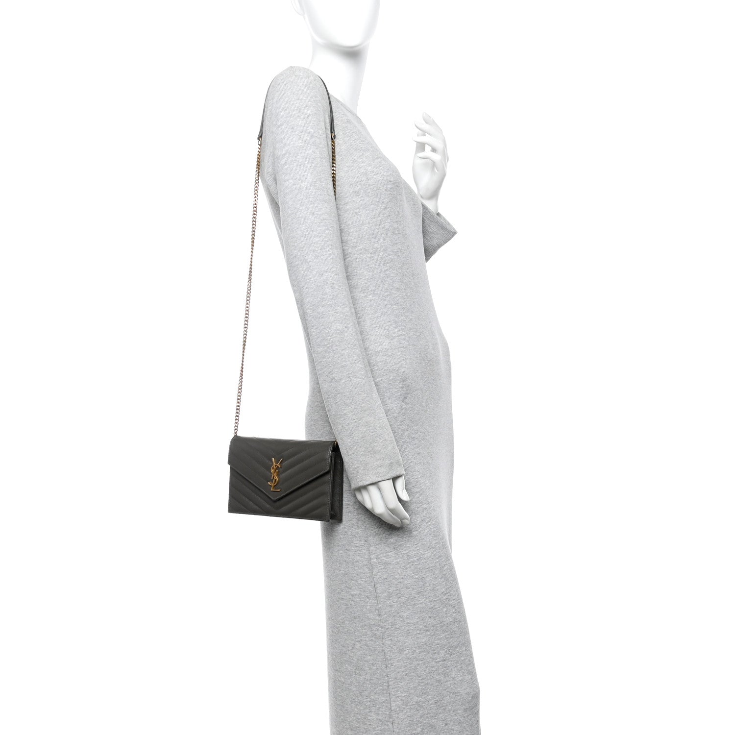 Saint Laurent Grain De Poudre Matelasse Chevron Monogram Envelope Chain Wallet Pebble 2 of 13