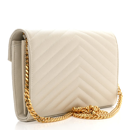 Saint Laurent Grain De Poudre Matelasse Chevron Monogram Chain Wallet Crema Soft 3 of 10