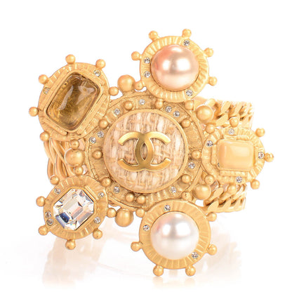 Chanel Pearl Crystal Gripoix Poured Glass CC Bracelet Gold 1 of 6